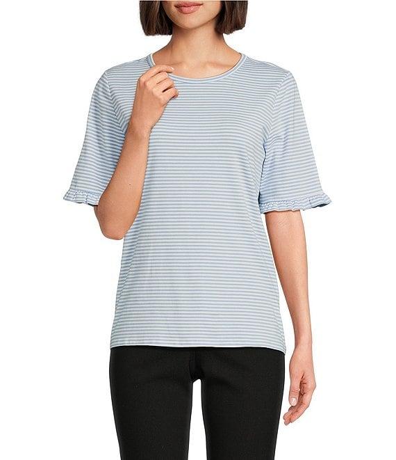 Jones New York Feeder Stripe Crew Neck Ruffled Elbow Sleeve Tee Product Image