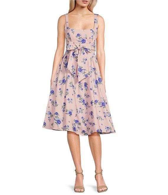 Honey and Rosie Floral Printed Stretch Sateen Square Neck Open Back Midi Dress Product Image