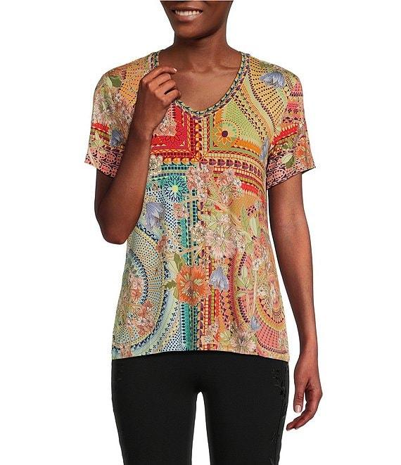 JOHNNY WAS Janie Favorite Mosaic Tile Patchwork Print Bamboo Knit Jersey V-Neck Short Sleeve Tee Product Image