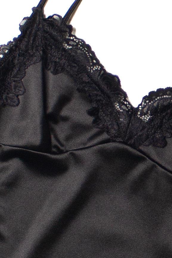 Black Lace Trim Satin Slip Dress Product Image