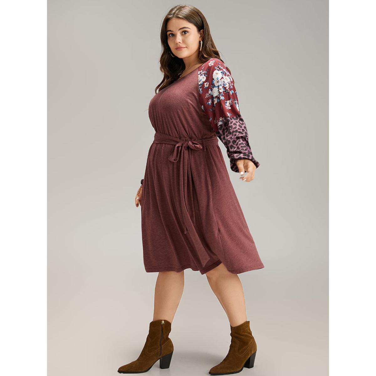 Plus Size Floral Leopard Patchwork Belted Lantern Sleeve Dress DustyPink Women Casual Belted Round Neck Long Sleeve Curvy Midi Dress BloomChic 10/M Product Image