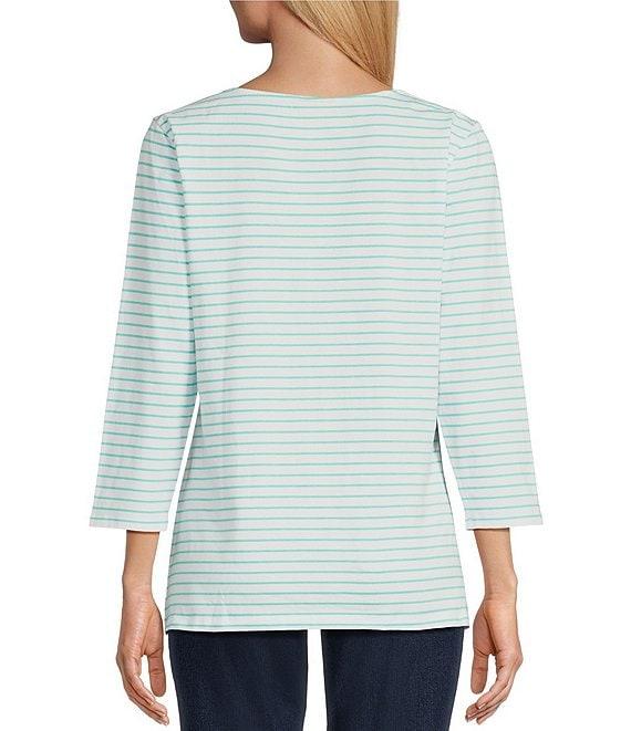 Ruby Rd. Knit Floral Embroidered Split Neck 3/4 Sleeve Top Product Image