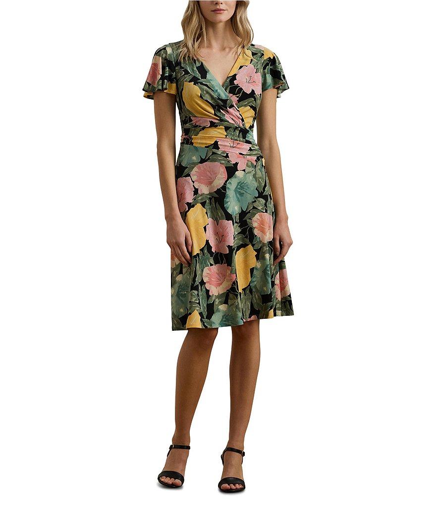 Lauren Ralph Lauren Stretch Jersey Floral Print V Neck Short Sleeve Sheath Knee Length Dress Product Image