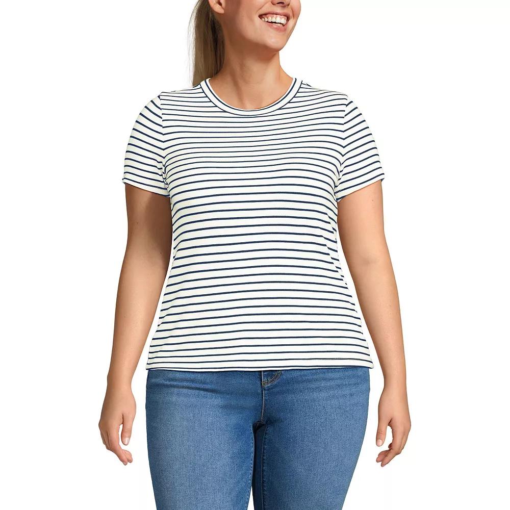Plus Size Lands' End Drapey Rib Fitted Short Sleeve Mini T-Shirt, Women's, Size: 1XL, Ivory Navy Stripe Product Image