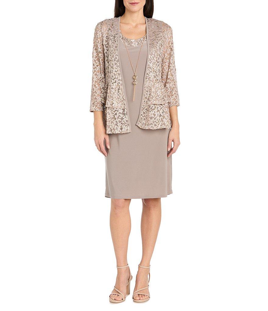 R & M Richards Crew Neck 3/4 Sleeve Embroidered Sequin 2-Piece Jacket Dress Product Image
