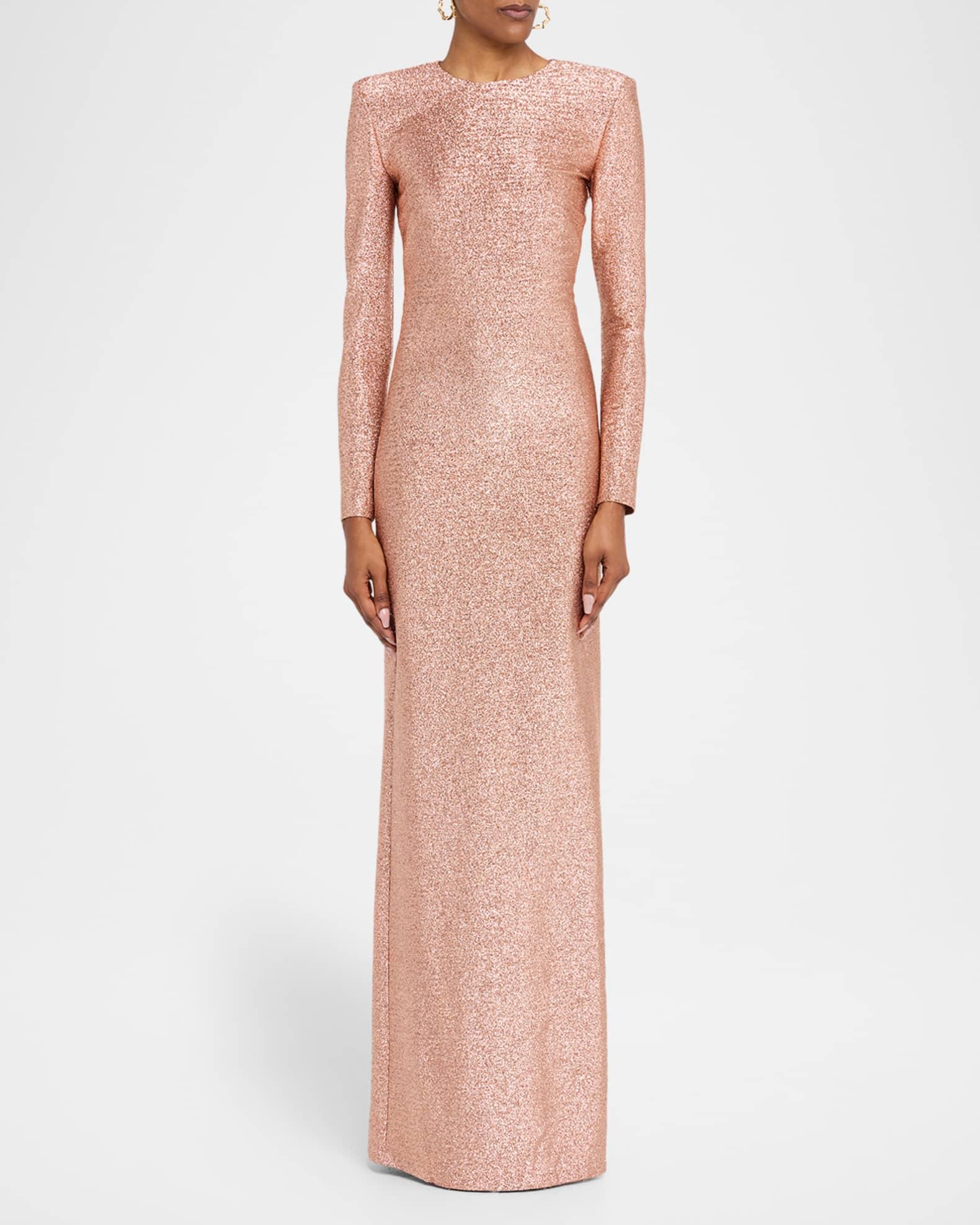 Long Sleeve Stretch Lame Gown Product Image