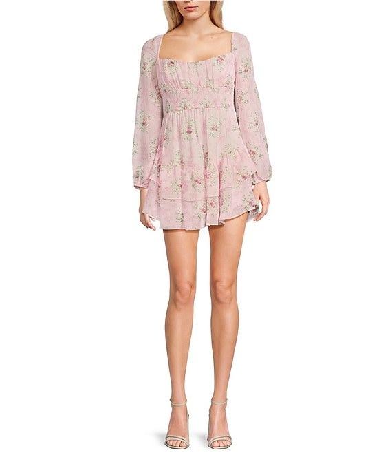 B. Darlin Printed Chiffon Long Sleeve Sweetheart Neck Ruffled Hem Dress Product Image