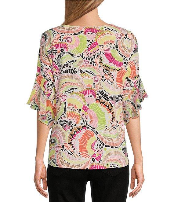 Multiples Petite Size Slub Knit Georgette Multi Print Scoop Neck 3/4 Flounce Sleeve Fitted Top Product Image