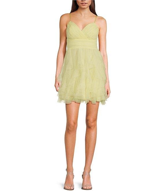 Pear Culture V-Neck Lace-Up Back Mesh Ruffle Dress Product Image