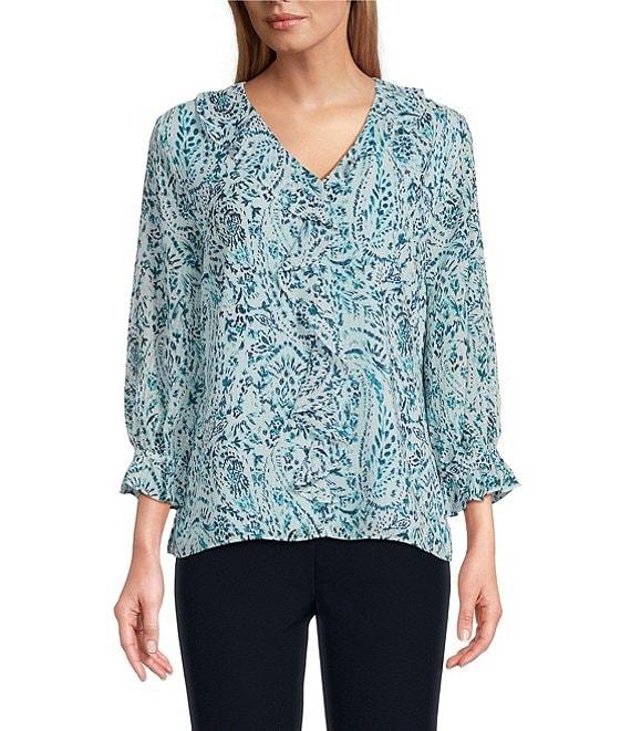 Investments Riley Woven Soft Blue Paisley Cascading Ruffle V-Neck 3/4 Sleeve Top Product Image