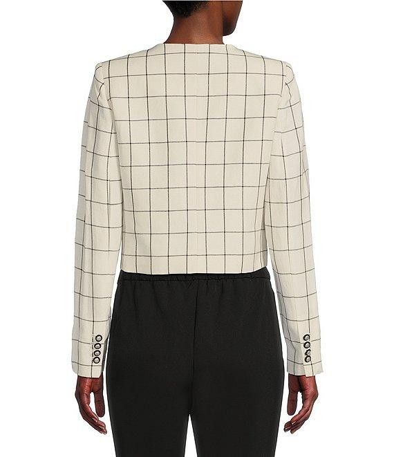 KARL LAGERFELD PARIS Woven Windowpane Collarless Long Sleeve Cropped Button Front Jacket Product Image
