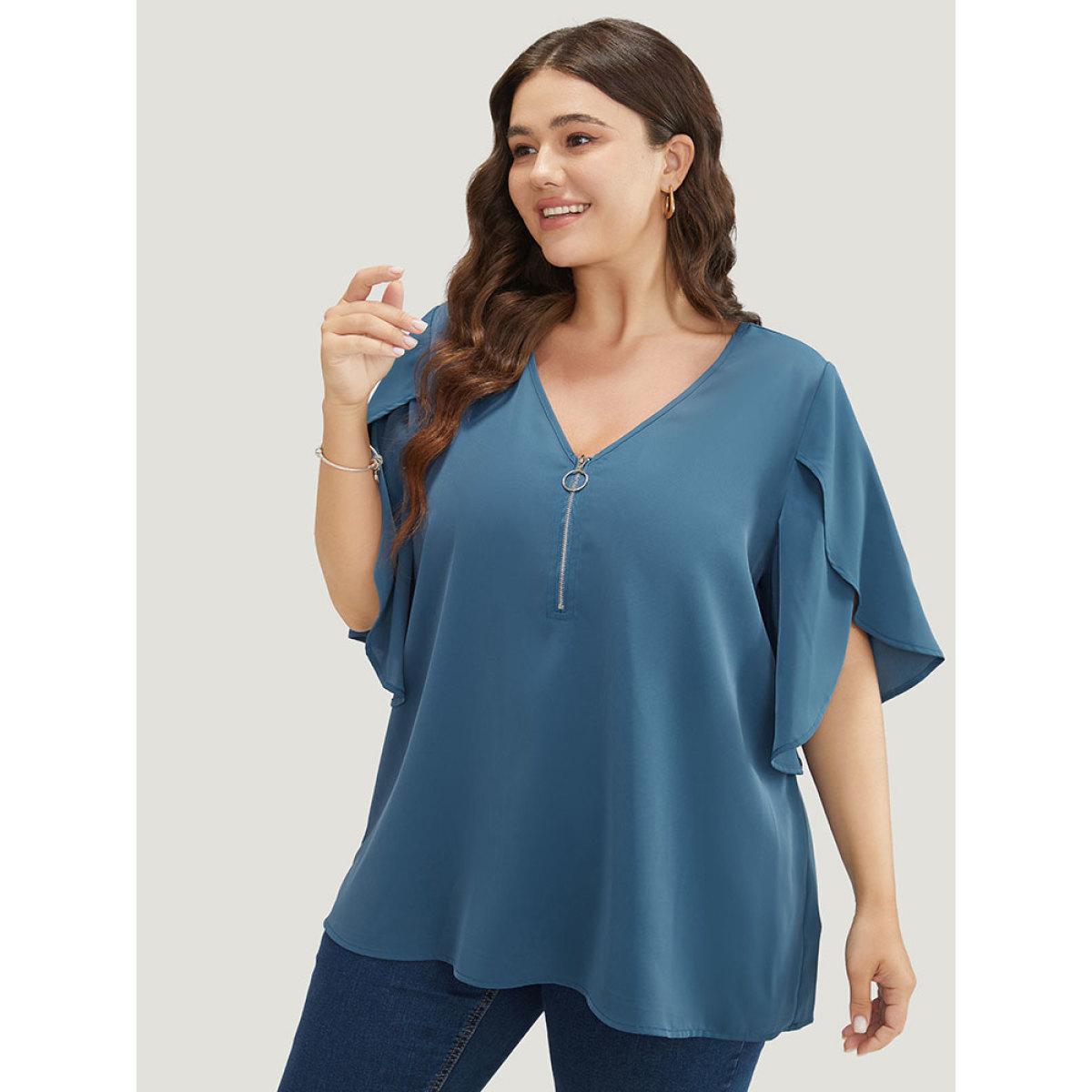 Plus Size Cerulean Solid Half Zipper Split Petal Sleeve Blouse Women Office Half Sleeve V-neck Work Blouses BloomChic 14-16/1X Product Image