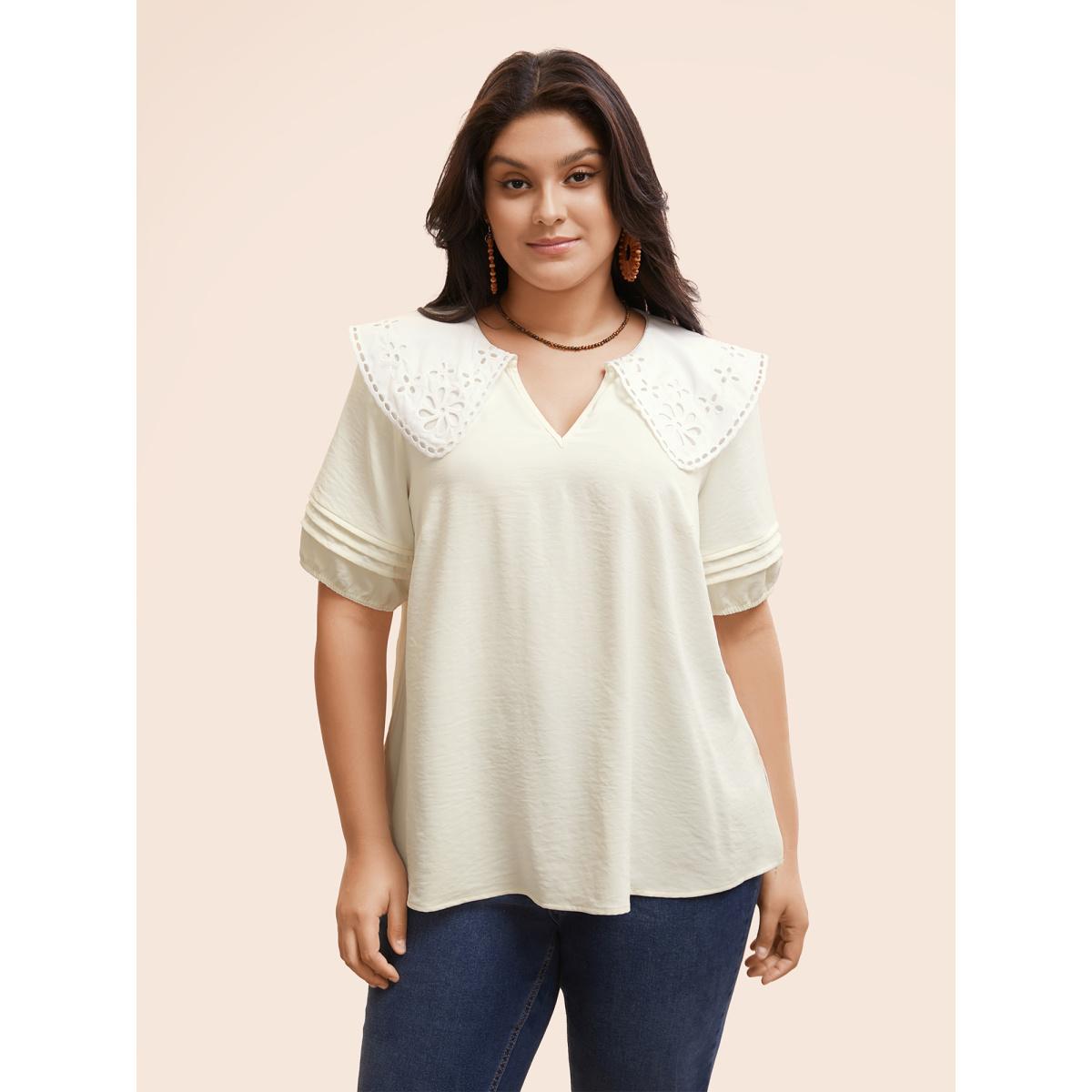 Plus Size Ivory Lace Collar Lantern Sleeve Pleated Blouse Women Resort Short sleeve Lace collar Vacation Blouses BloomChic 30/6X Product Image