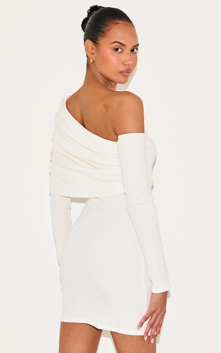 Cream Rib Bardot Long Sleeve Bodycon Dress Product Image