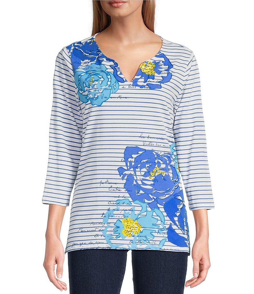 Ruby Rd. Knit Floral Embroidered Split Neck 3/4 Sleeve Top Product Image