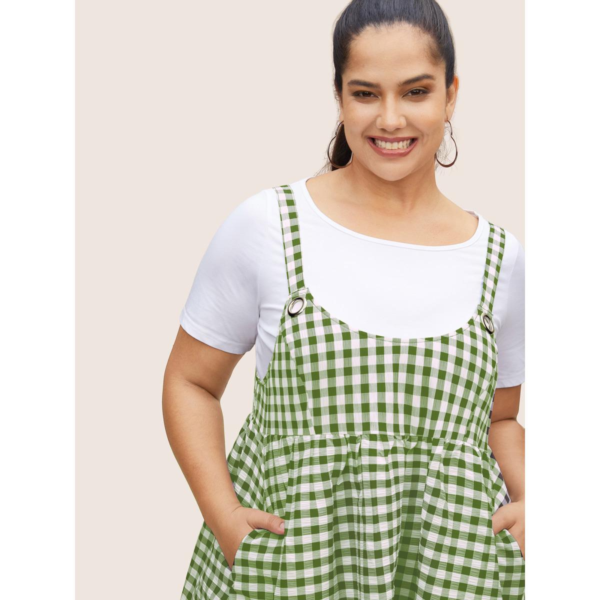 Plus Size Round Neck Gingham Adjustable Straps Dress Moss Women Casual Gathered Round Neck Sleeveless Curvy BloomChic 18-20/2X Product Image