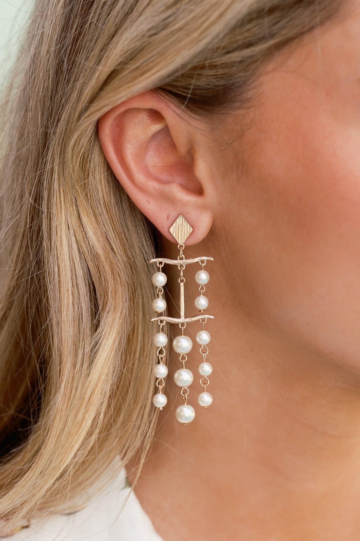 Ending On A High Note Gold Ivory Pearl Chandelier Drop Earrings Product Image