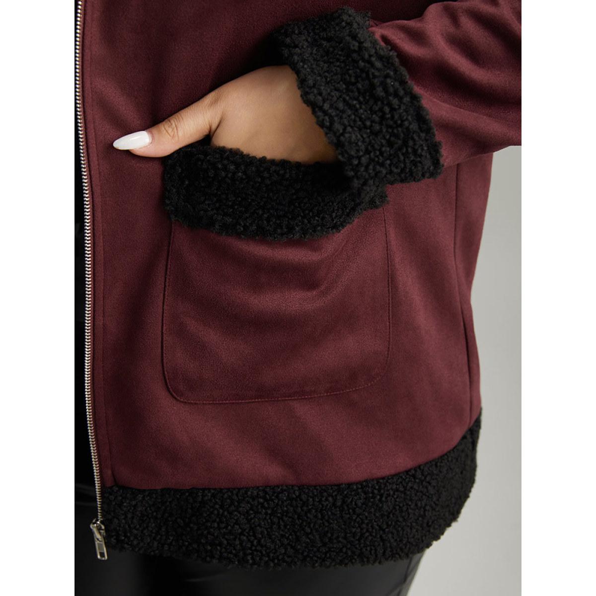 Plus Size Fuzzy Trim Patched Pocket Zipper Jacket Women Burgundy Contrast Pocket Dailywear Jackets BloomChic 30/6X Product Image