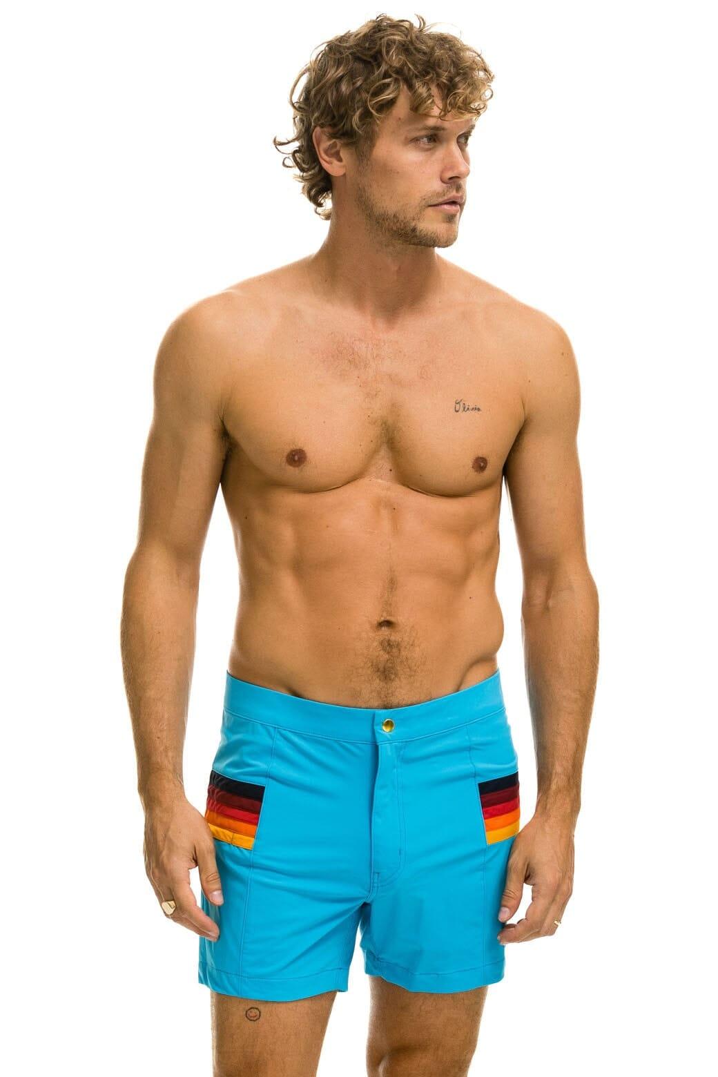 MEN'S HORIZONTAL 5 STRIPE FLEX SHORTS - NEON BLUE Male Product Image
