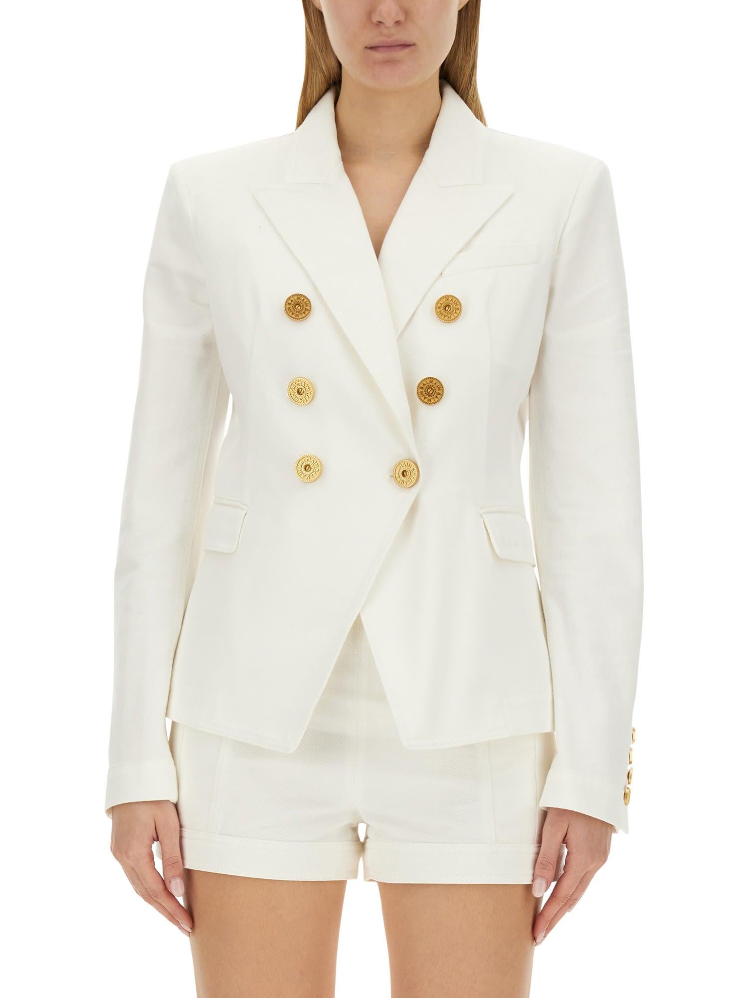 BALMAIN Double-breasted Structured Denim Blazer With Peak Lapel In White Product Image