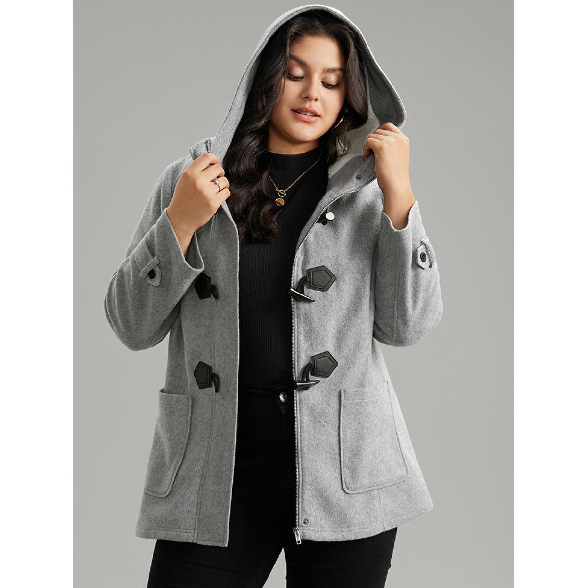 Plus Size Solid Duffle Button Pocket Hooded Coat Women DimGray Casual Plain Ladies Dailywear Winter Coats BloomChic 18-20/2X Product Image