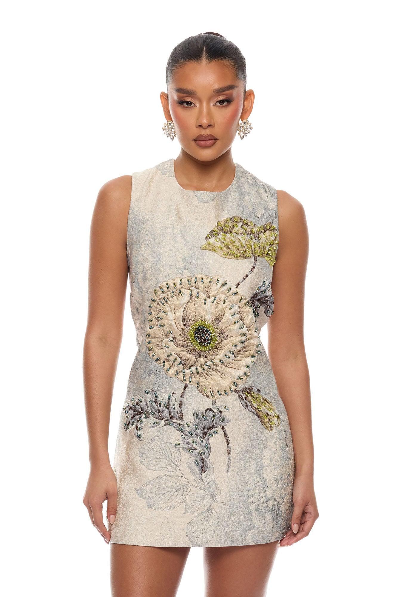 Riannon Sleeveless Embellished Jacquard Mini Dress - Grey Female Product Image