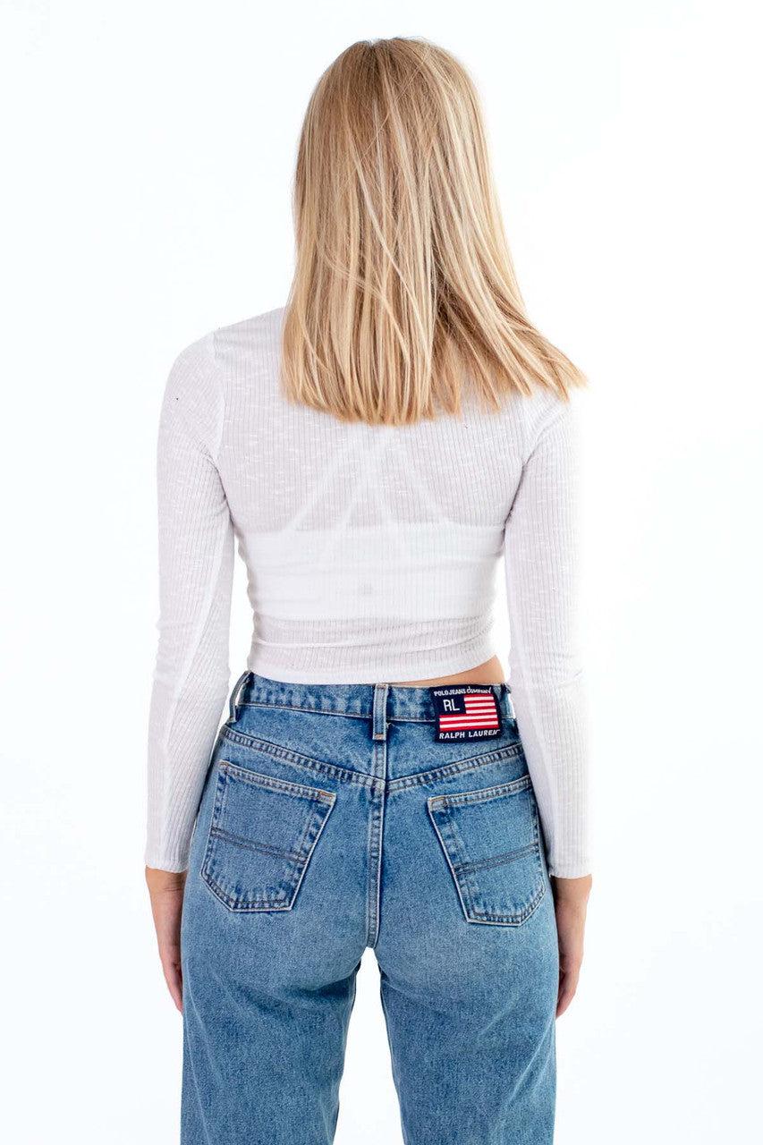 White Knit Slub Rib Mock Turtle Neck Product Image