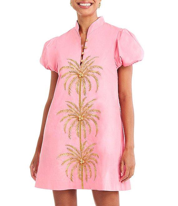 Mestiza New York Elliana Poplin Palm Tree Embroidery Mandarian Collar Short Puff Sleeve Dress Product Image