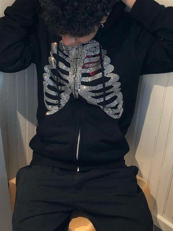 Men's Halloween Rhinestone Skull Zip Up Hoodie Product Image