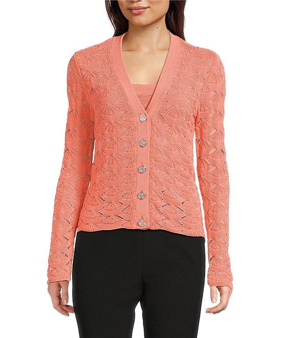 KARL LAGERFELD PARIS Crochet Knit V-Neck Long Sleeve Coordinating Cardigan Product Image