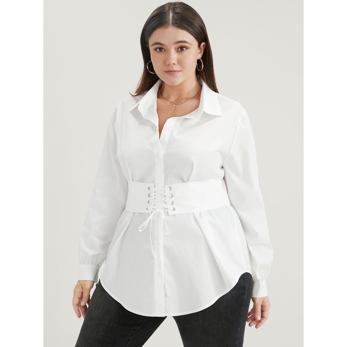Plus Size WhiteSmoke Solid Button Up Belted Lapel Collar Blouse Women Office Long Sleeve Lapel Collar Work Blouses BloomChic 14-16/1X Product Image