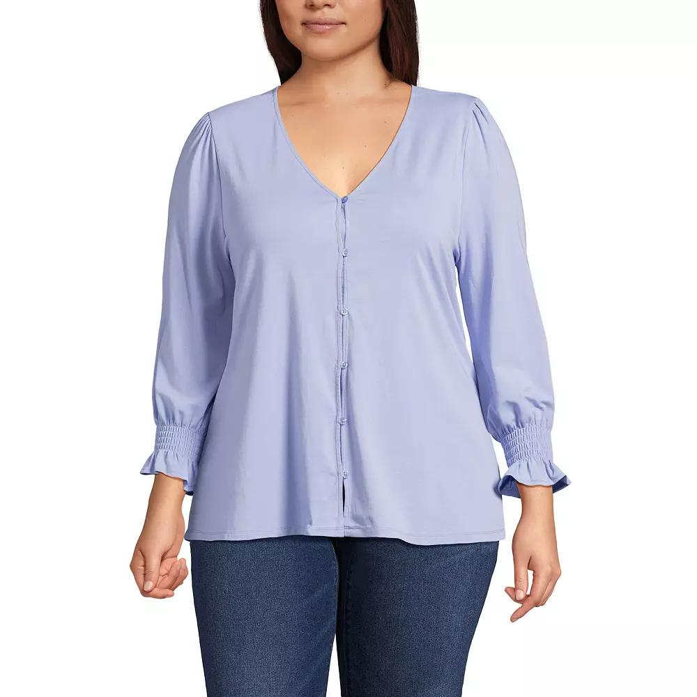 Plus Size Lands End 3/4 Sleeve Lightweight Jersey Button Front Top, Womens Product Image