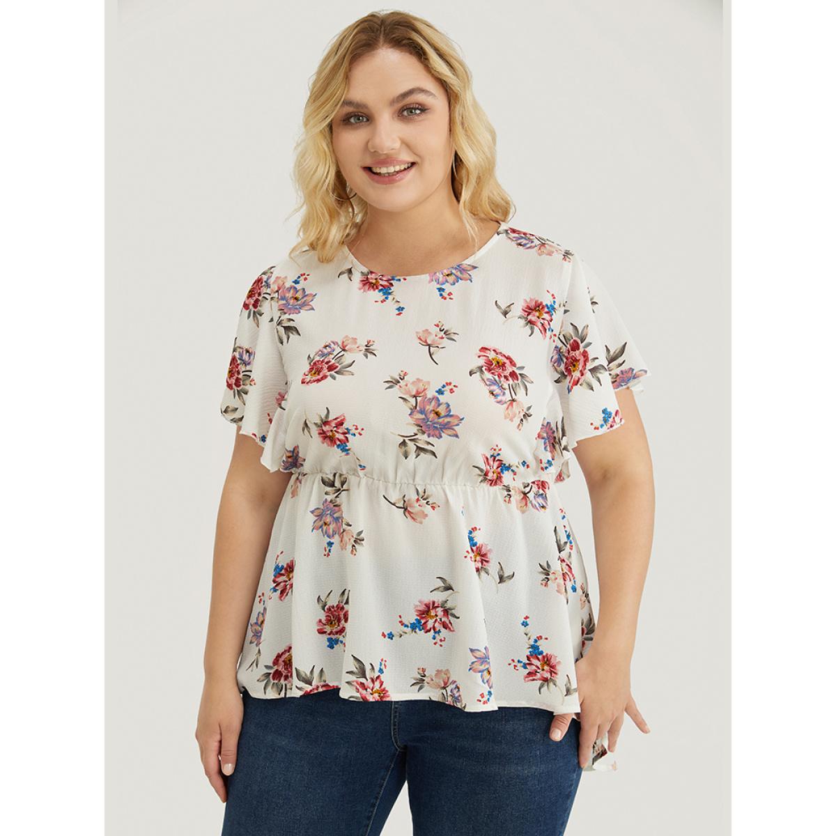 Plus Size White Floral Print Round Neck Ruffles High Low Hem Blouse Women Elegant Short sleeve Round Neck Dailywear Blouses BloomChic 10/M Product Image