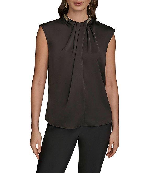 Donna Karan Satin Back Crepe Hardware Twist Neck Cap Sleeve Blouse Product Image