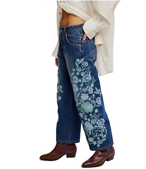 Free People We the Free Willow Floral Embroidered Mid Rise Boyfriend Jeans Product Image