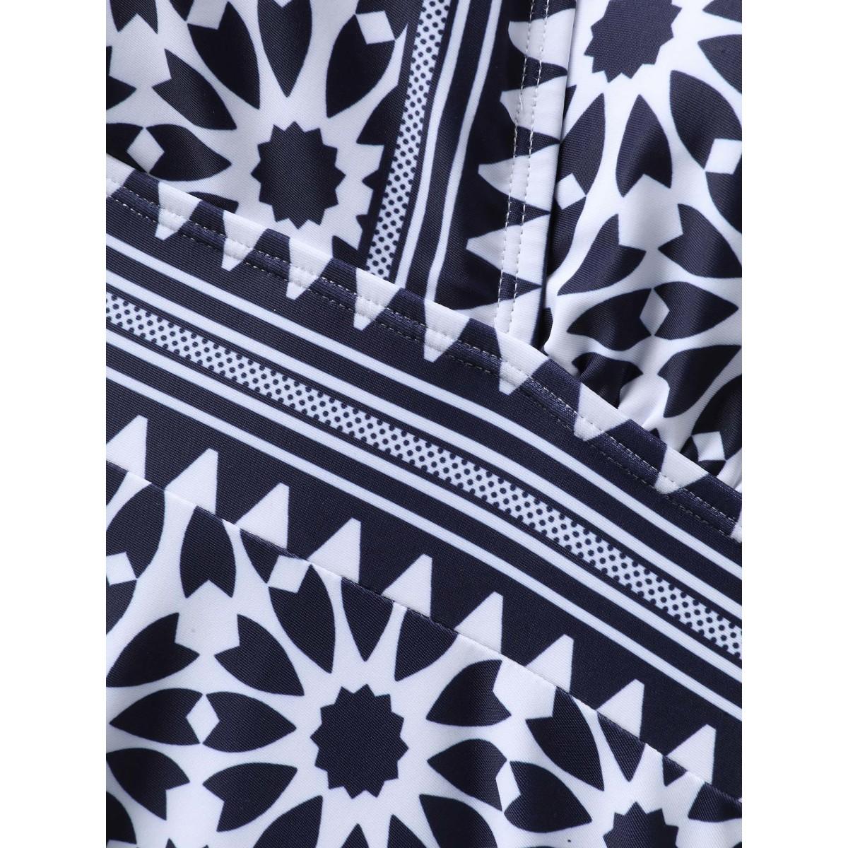 Plus Size Geometric Print Surplice Neck Swim Dress Women's Swimwear Indigo Beach Bodycon Overlap Collar High stretch Curve Swim Dresses BloomChic 18-20/2X Product Image