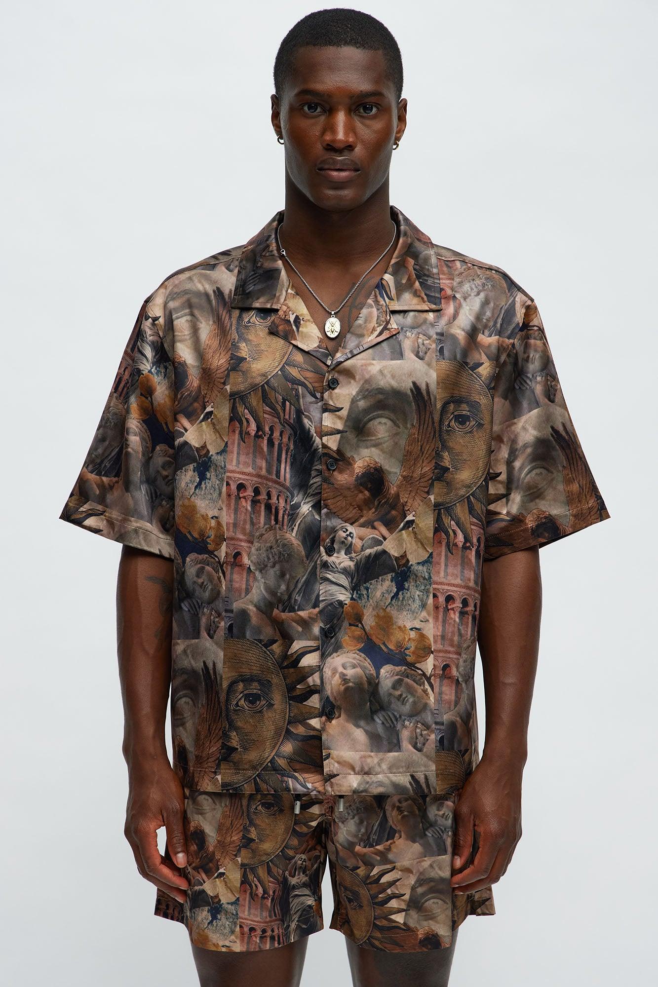 Celestial Glory Cuban Collar Short Sleeve Shirt - Brown Combo Male Product Image