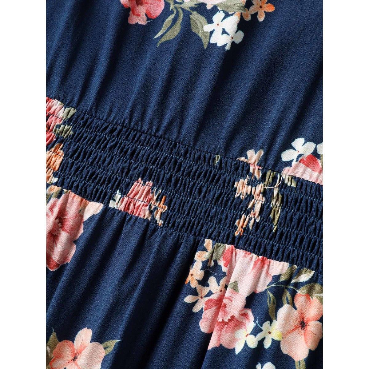 Plus Size Sweet Floral Print Shirred Waist Midi Dress DarkBlue Women Heart neckline Short sleeve Curvy BloomChic 18-20/2X Product Image