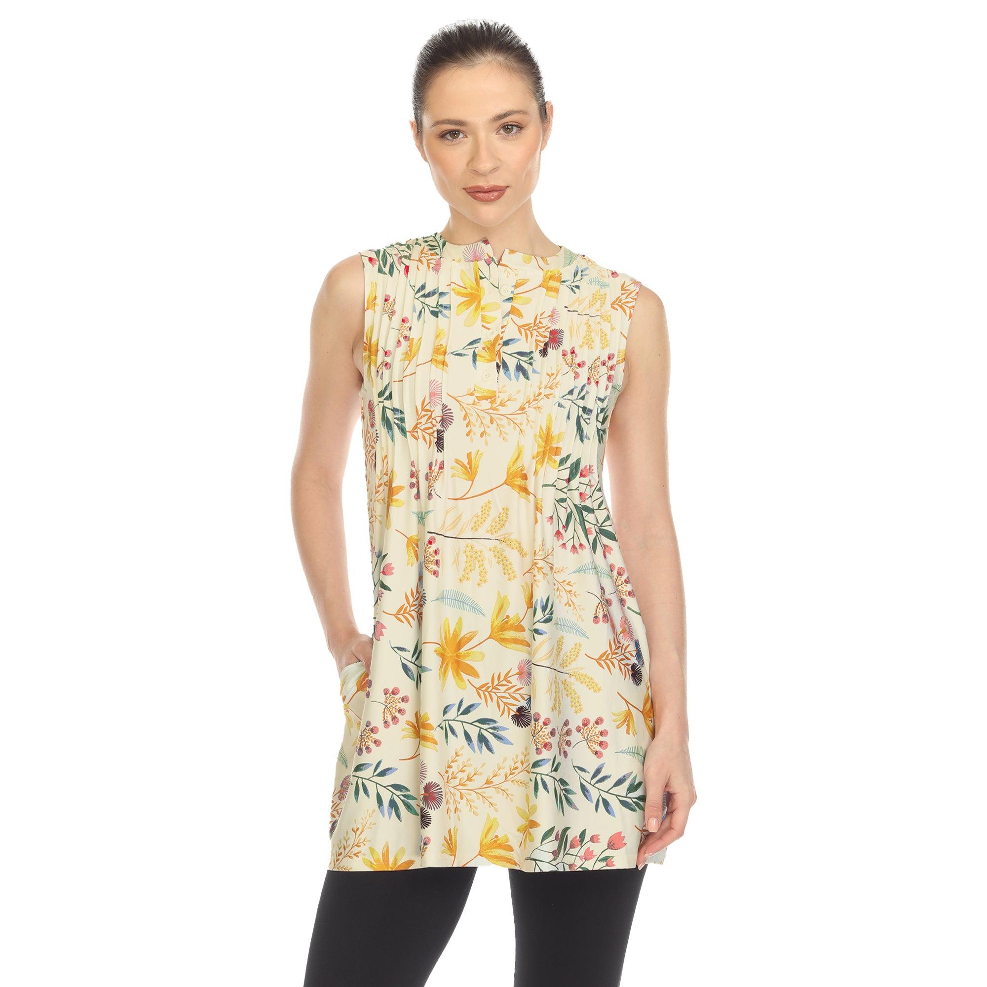Beige Floral Sleeveless Tunic Top Product Image