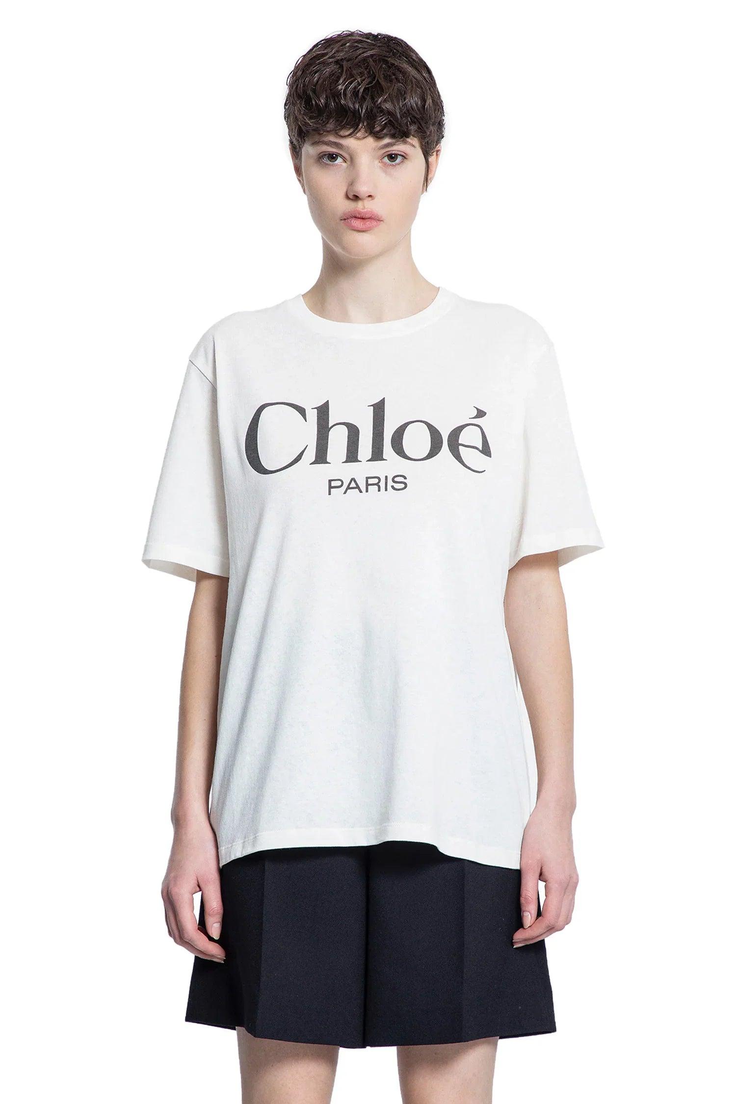 CHLOÉ White Crewneck T-shirt With Logo Print On The Front In Cotton Woman Product Image