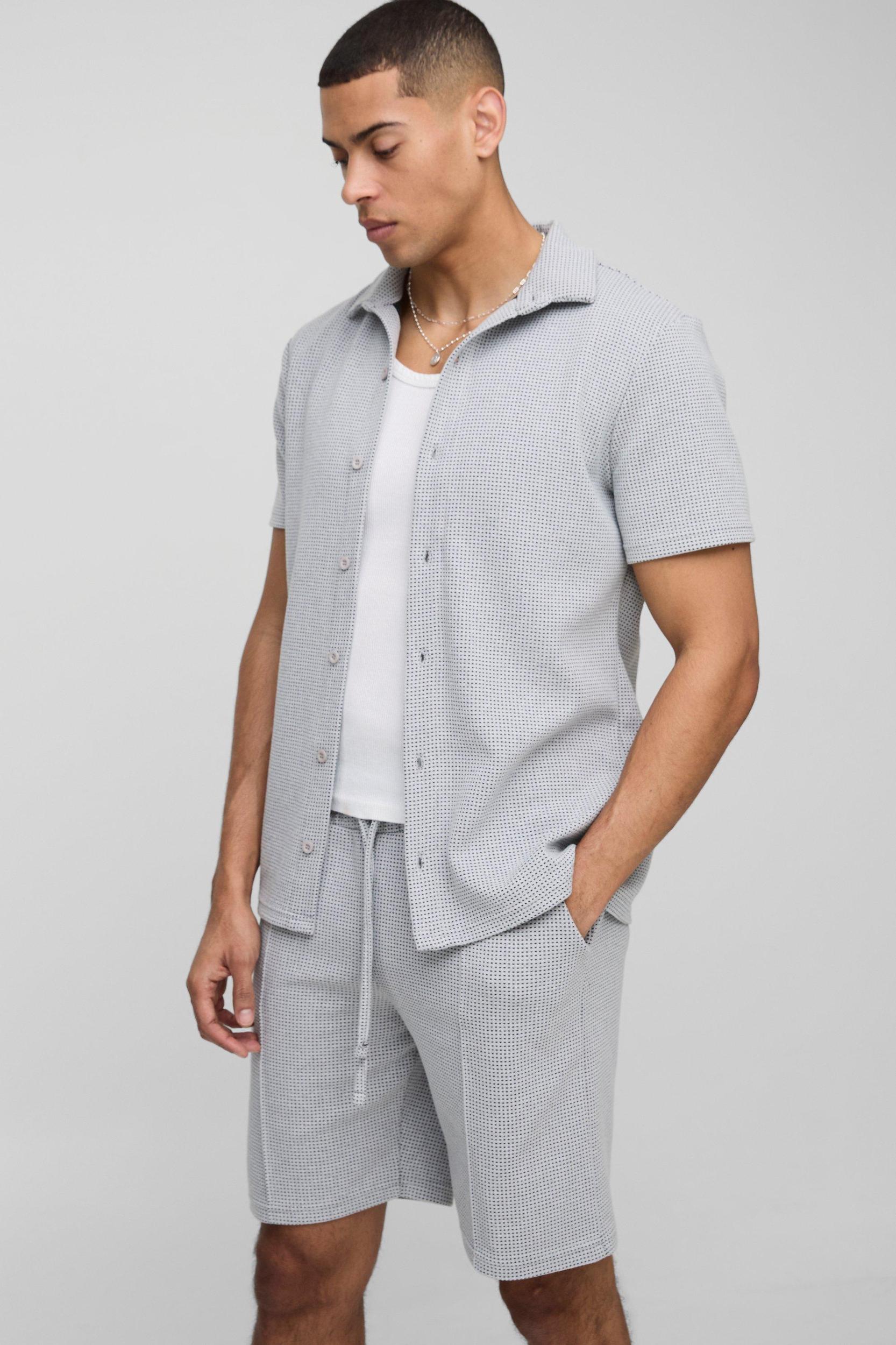 Slim Short Sleeve Collared Shirt & Comfort Pintuck Short | boohooMAN USA Product Image