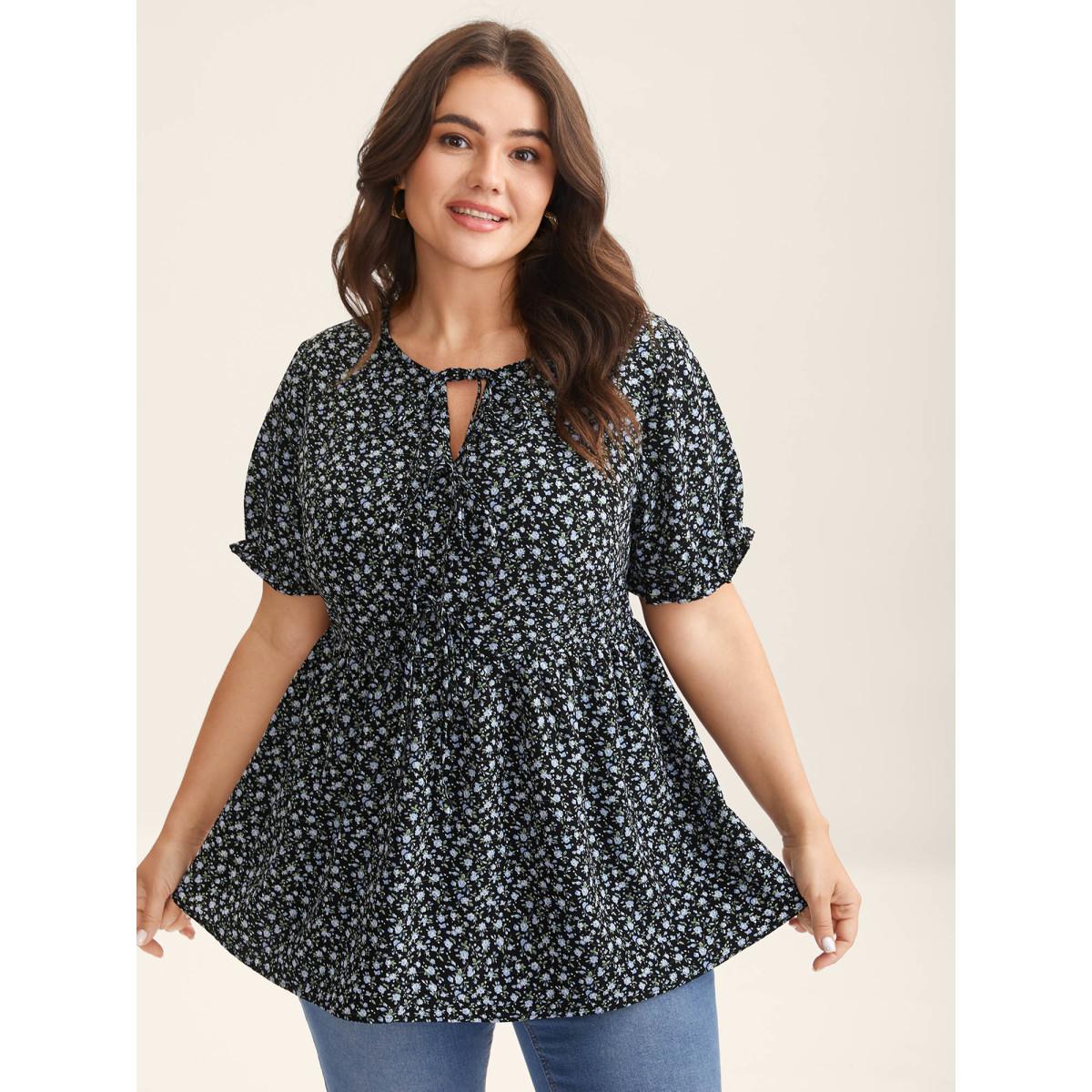 Plus Size Black Ditsy Floral Print Bow-Tie Blouse Women Timeless Short sleeve Round Neck Elegant Blouses BloomChic 14-16/1X Product Image