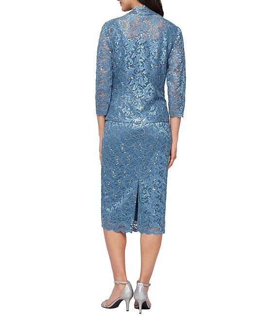 Ignite Evenings 3/4 Sleeve Square Neck Sequin Lace 2-Piece Jacket Midi Dress Product Image