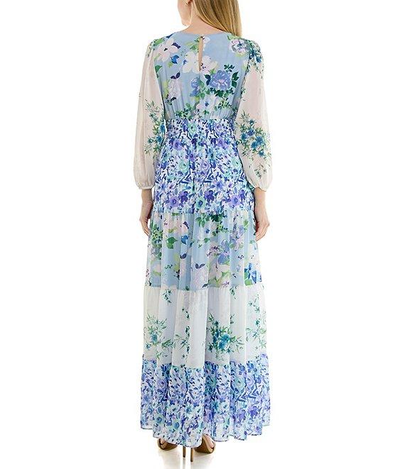 Moda Tara Long Sleeve V-Neck Floral Tiered Crepe Chiffon Maxi Dress Product Image