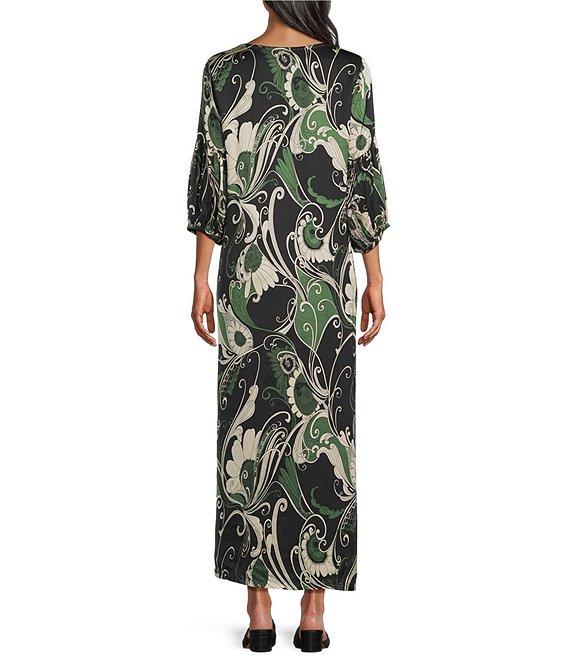 Bryn Walker Lanterna Giardino Print Viscose Satin Round Neck 3/4 Sleeve Maxi Dress Product Image