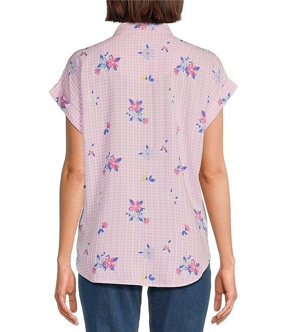 Allison Daley Petite Size Gingham Floral Print Short Sleeve Tie Front Button Blouse Product Image