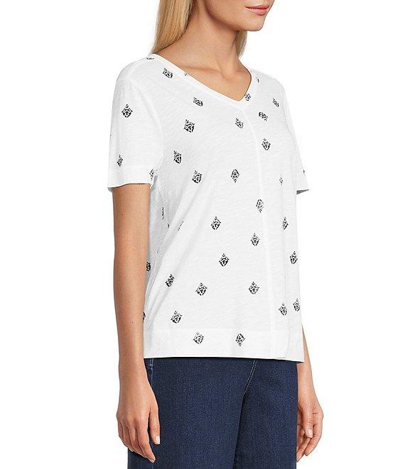 Westbound Distressed Foulard Print Short Sleeve V-Neck Top Product Image