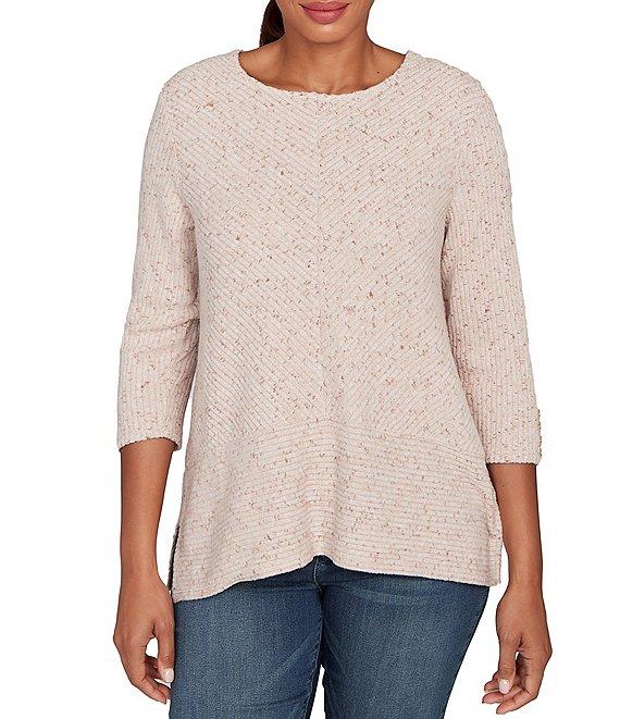 Ruby Rd. Heather Speckeled Ribbed Knit Crew Neck 3/4 Sleeve Side Vented Top Product Image