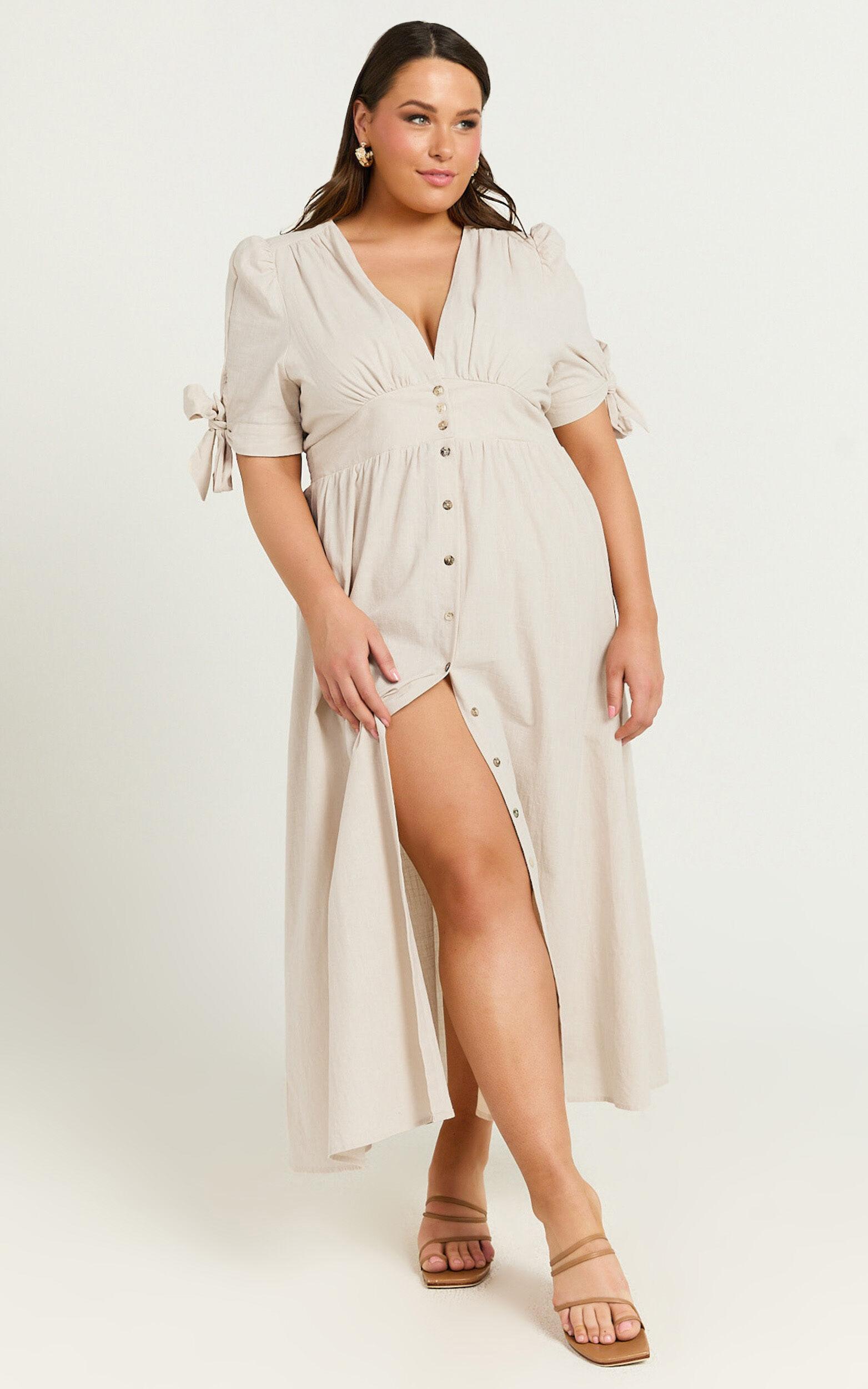 Avegail Midi Dress - V Neck Button Through Short Sleeve Dress in Bone Product Image