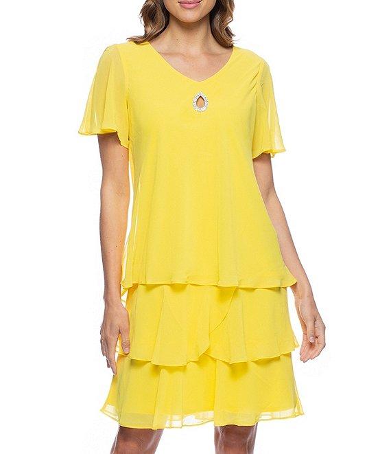 Marina Tiered Chiffon Rhinestone Keyhole V-Neck Flutter Short Sleeve Dress Product Image